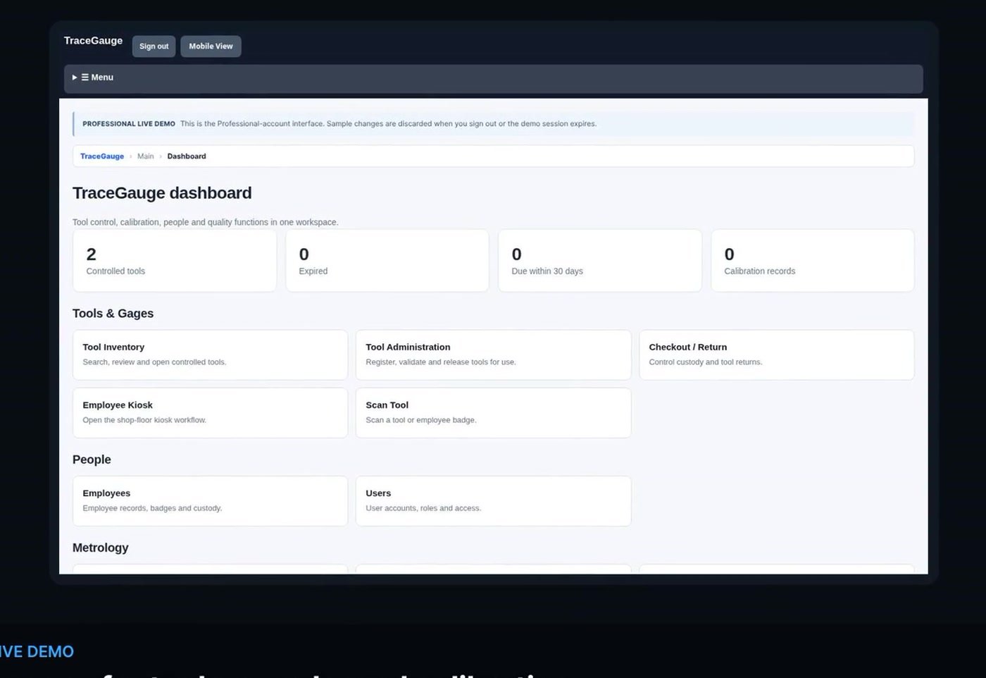 TraceGauge Professional demo dashboard
