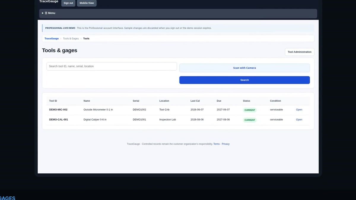 TraceGauge tool administration screen
